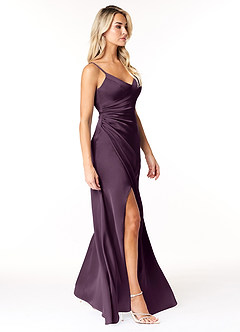 Azazie Marchella Bridesmaid Dresses Plum A-Line Corset Stretch Satin Dress image5