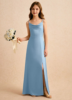 Azazie Shira Girls Formal Flower Girl Dresses Powder Blue A-Line Pleated Stretch Satin Dress image5