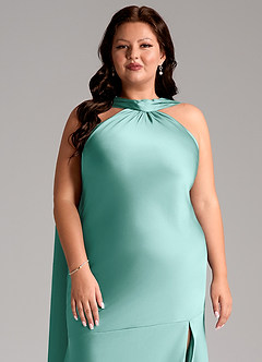 Azazie Kinsley Bridesmaid Dresses Aqua Mermaid Side Slit Stretch Satin Dress image13