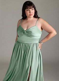 Azazie Zeya Bridesmaid Dresses Agave A-Line Pleated Stretch Satin Dress image22