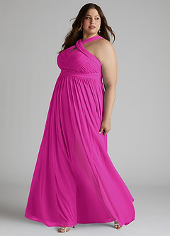 Azazie Hillian Vestidos de damas de honor Vestido de Fucsia de Malla de Corte en A con Halter Plisado image10