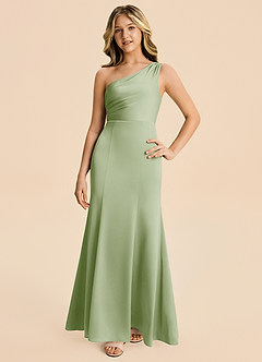 Azazie Ren Junior Dusty Sage A-Line Pleated Stretch Satin Dress image4