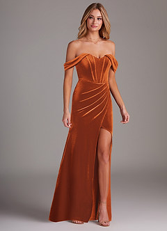 Azazie Jas Bridesmaid Dresses Burnt Orange Sheath Off-The-Shoulder Corset Velvet Convertible Dress image4