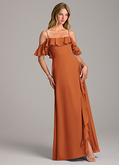 Azazie Aubrie Bridesmaid Dresses Cinnamon A-Line Off the Shoulder Chiffon Dress image5