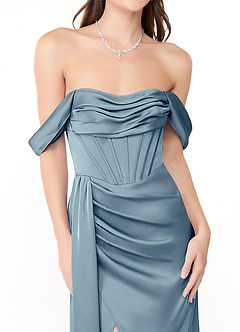 Azazie Amyra Bridesmaid Dresses Dusty Blue Sheath Off the Shoulder Stretch Satin Convertible Dress image9