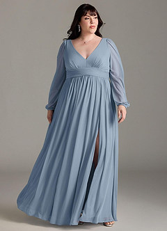 Azazie Norah Robes de demoiselle d'honneur Robe Trapèze en Mousseline de soie Col en V, manches longues Bleu Poussiéreux image6