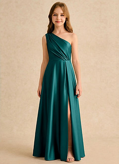 Azazie Puddles Girls Formal Abiti da Ragazza di Fiori Abito A-Line in Raso Elasticizzato Monospalla Verde Pavone image6