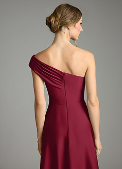 Azazie Melanie Bridesmaid Dresses Burgundy A-Line Off the Shoulder Stretch Satin Dress image2