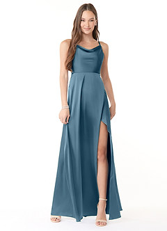 Azazie Naomie Bridesmaid Dresses Bermuda A-Line Cowl Neckline Side Slit Stretch Satin Dress image1