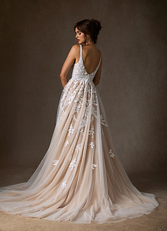 Azazie Sorella Wedding Dresses Diamond White Sand A-Line V-Neck Sequins Tulle Dress image2