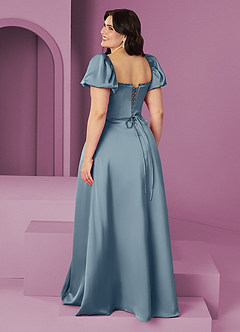 Barbie ♥ Azazie Robes de demoiselle d'honneur Robe Trapèze en Satin extensible Rayé Bleu Poussiéreux image11