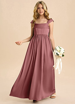 Azazie Hattie Junior A라인 주름진 스트레치 새틴 플로어 길이 주니어 신부 들러리 드레스 image4