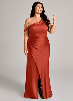 Azazie Madelyn Bridesmaid Dresses Rust Mermaid One Shoulder Stretch Satin Convertible Dress image13