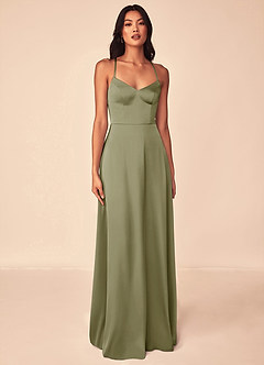 Azazie Mei At-home Try On Dresses Pistachio A-Line V-Neck Stretch Satin Dress image1