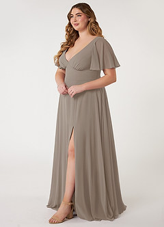 Azazie Kimber Bridesmaid Dresses Taupe A-Line Flounce Sleeve Chiffon Dress image2