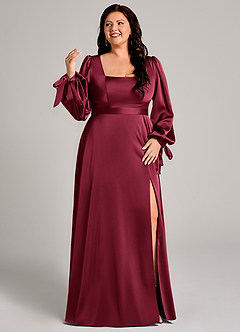 Azazie Leonia Brautjungfernkleider A-Linie Langarm Stretch-Satin Kleid Burgunderrot image3