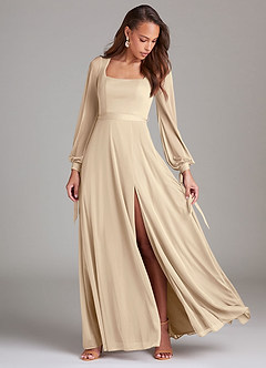 Azazie Leonia Brautjungfernkleider A-Linie Langarm Gittergewebe Kleid Champagner image2