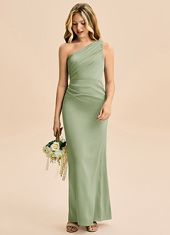 Azazie Akilah Junior Vestido de Salvia Polvorienta de Satén Elástico de Corte Recto con Plisado image3