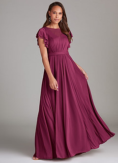 Azazie Daphne Modest Bridesmaid Dresses A-Line Ruched Mesh Floor-Length Dress image1