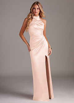 Azazie Jemma Robes de demoiselle d'honneur Robe Fourreau en Satin extensible Plissée Rose Pâle image3