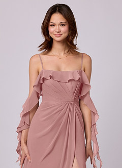 Barbie ♥ Azazie Robes de demoiselle d'honneur Robe Trapèze Convertible en Mousseline de soie Épaule décolletée Rose Poussiéreuse image2