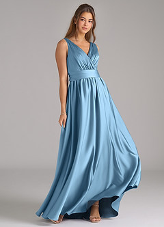 Azazie Kora Final Sale Steel Blue A-Line Pleated Stretch Satin Dress image4