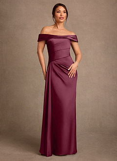 Azazie Beah Mother of the Bride Dresses Mulberry Sheath Off the Shoulder Stretch Satin Dress image1