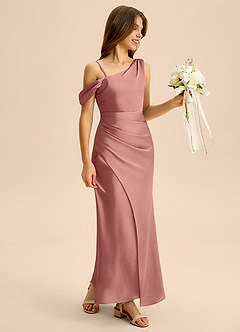 Azazie Madelyn Junior Osłona Zza ramienia Satyna elastyczna Długość podłogi Młodsza druhna Sukienka image6