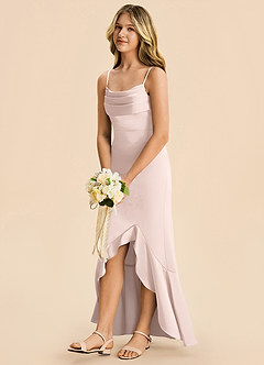 Azazie Magnolia Junior Blushing Pink Sheath Ruched Stretch Satin Dress image5