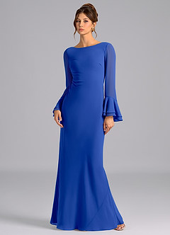 Azazie Leone Vestidos de damas de honor Vestido de Azul Real de Gasa de Corte Sirena con Corsé image1