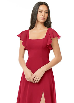 Azazie Bondi Brautjungfernkleider A-Linie Gestreift Chiffon Kleid Scharlachrot image4