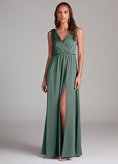 Azazie Tanicia Bridesmaid Dresses Sea Moss A-Line Pleated Stretch Satin Dress image3