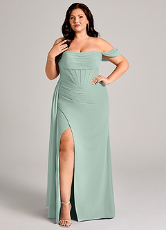 Azazie Amyra Bridesmaid Dresses Agave Sheath Off the Shoulder Chiffon Convertible Dress image9