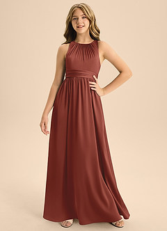 Azazie Jaylah Junior Auburn A-Line Pleated Stretch Satin Dress image1