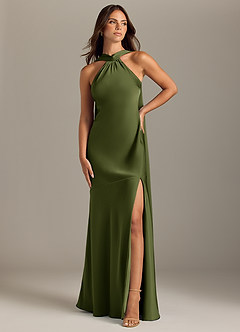 Azazie Kinsley Vestidos de damas de honor Vestido de Oliva de Satén Elástico de Corte Sirena con Corte Lateral image1