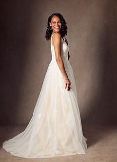 Azazie Jasmina Wedding Dresses Diamond White Champagne A-Line Sequins Tulle Dress image9