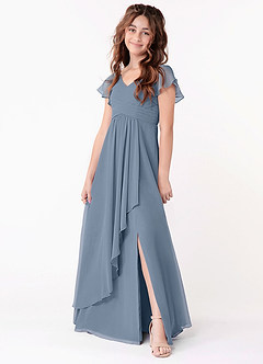 Azazie Omari Junior Dusty Blue A-Line Ruched Chiffon Dress image1