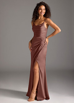 Azazie Deandra Bridesmaid Dresses Espresso Mermaid Pleated Stretch Satin Dress image1