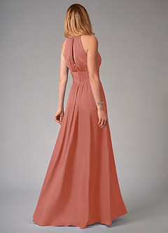 Azazie Bonnie Bridesmaid Dresses Salmon Pink A-Line Pleated Stretch Satin Dress image2
