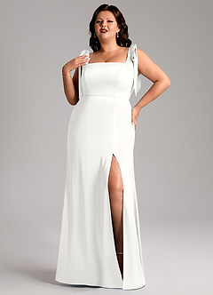 Azazie Frostine Vestidos de damas de honor Vestido de Blanco de Satén Elástico de Corte en A con Lazo image9