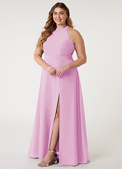 Azazie Clarice Vestidos de damas de honor Vestido de Rosa Caramelo de Gasa de Corte en A con Halter image11