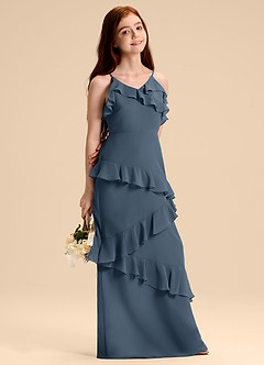 Azazie Evara Junior Abito A-Line in Chiffon Blu Nettuno image6