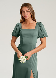 Azazie Fyona Vestidos de madrinha de casamento Vestido Musgo Marinho de Cetim elástico de Linha A com Plissado image6