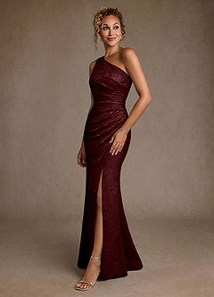 Azazie Joylin Mother of the Bride Dresses Cabernet Trumpet One Shoulder Floral Burnout Dress image3