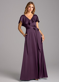 Azazie Lainey Robes de demoiselle d'honneur Robe Trapèze en Satin extensible avec poches Prune image1
