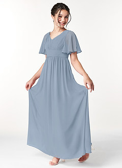 Azazie Temeka Junior Dusty Blue A-Line Pleated Chiffon Dress image3