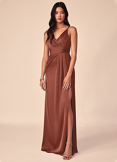 Azazie Aqua Bridesmaid Dresses Auburn A-Line V-Neck Pleated Stretch Satin Dress image1