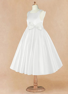 Azazie Bo Peep Flower Girl Dresses Diamond White A-Line Bow Matte Satin Dress image5
