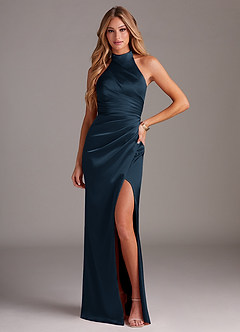 Azazie Jemma Vestidos de damas de honor Vestido Azul Marino Oscuro de Satén Elástico de Corte Recto con Plisado image2