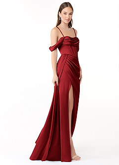 Azazie Amyra Jurken voor bruidsmeisjes Converteerbaar Jurk van Stretch Satijn met Zeemeermin Off-shoulder Scharlaken image6